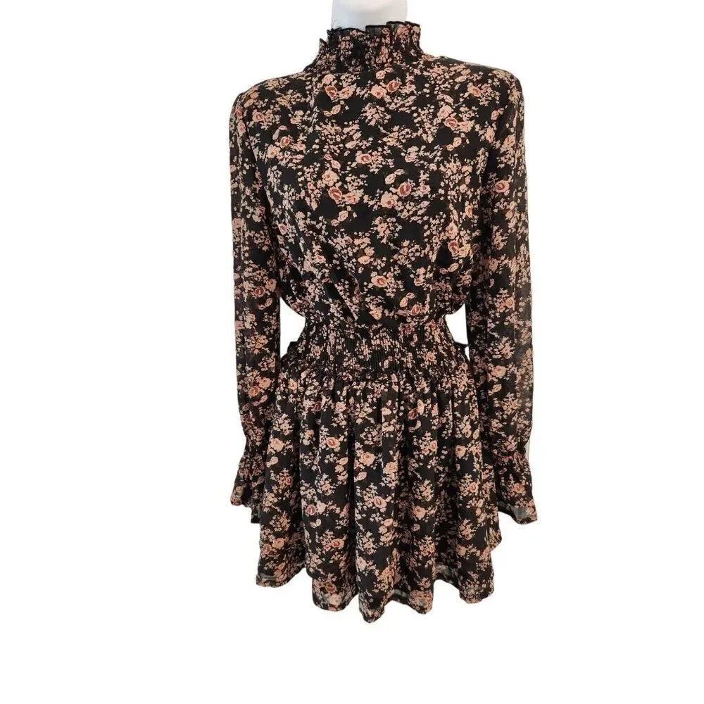 Misguided Womens Black Pink Floral High Neck Long Sleeve Mini Dress 4 Date